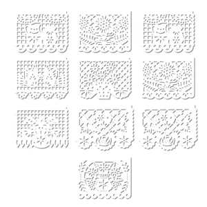 Various white Mexican Papel Picado banner designs for wedding and party decorations