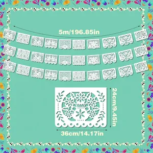 Decorative white Mexican Papel Picado banner with floral vase and bird cutouts 5 meters long