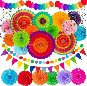 Mexican Fiesta Party Decoration Set Multicolor Paper Fans Pom Poms Bunting Banner For Birthday Carnival Venue Decor