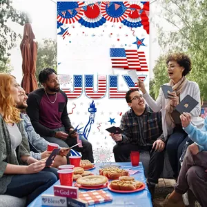 Vibrant 4th of July porch banner displayed at a festive outdoor American holiday party