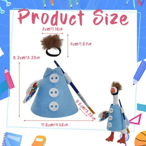Size details for painter style blue goose costume with palette and brush accessories