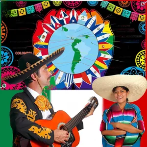 Hispanic Heritage Month banner met vlaggen en traditionele Mexicaanse klederdracht