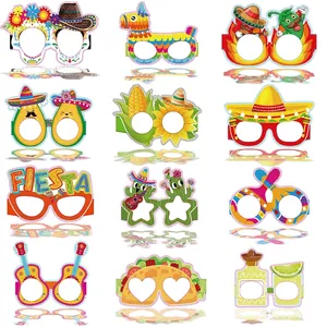 Set of assorted Mexican Fiesta themed party paper glasses featuring cactus and taco designs