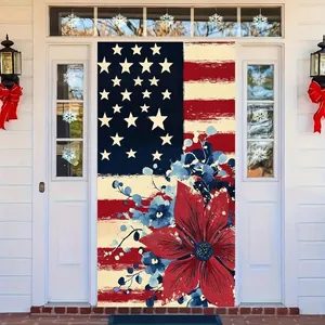 Patriotic American flag Independence Day door banner featuring large red flower design