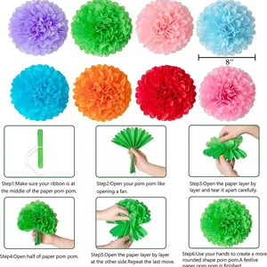 Set of colorful 8 inch paper pom poms for fiesta party decor with assembly steps