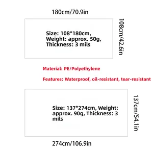 Specification chart for disposable PE party tablecloths in multiple sizes and dimensions