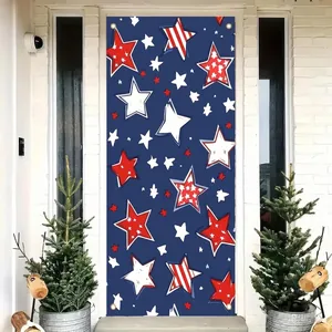 Detail view of Independence Day door banner featuring red and white stars on blue background