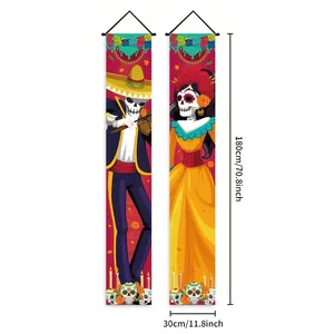 Detail of Day of the Dead porch banners showing 180x30cm dimensions and skeleton graphics