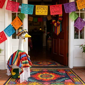Goose dressed in colorful Mexican poncho and sombrero for outdoor Carnival decor
