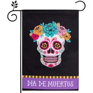 Day Of The Dead Garden Flag Mexican Dia De Los Muertos Sugar Skull Flower Pattern Polyester Yard Decorative Flag