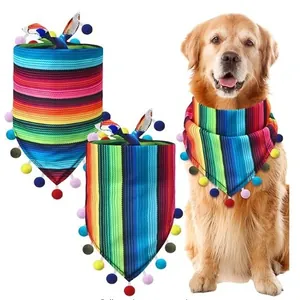 Mexican Stripe Pet Bandana With Pom Poms Adjustable Dog Cat Scarf For Independence Day Easter Serape Rainbow Striped Drool Towel Accessories