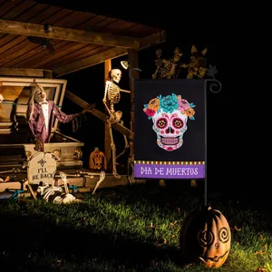 Day of the Dead garden flag with colorful sugar skull for outdoor patio decor