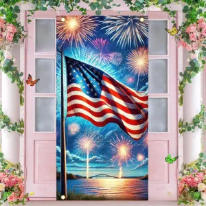 Independence Day door banner with American flag and fireworks for porch party decoration