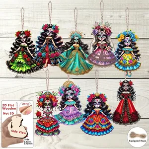 Bunte 2D-Flachholz-Ornamente zum Tag der Toten mit farbenfrohen Catrina-Puppendesigns