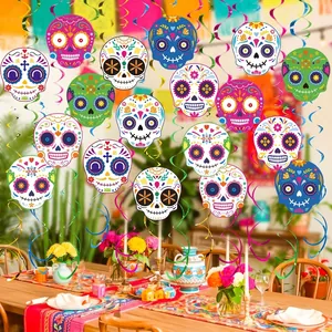 Day of the Dead hanging swirls featuring colorful sugar skull decorations for Mexican party