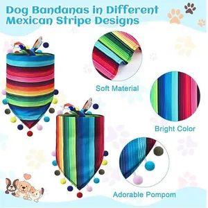 Colorful Mexican stripe dog bandanas featuring soft material and decorative pompom trim.