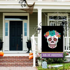 Day of the Dead garden flag with colorful sugar skull for outdoor yard and porch decor