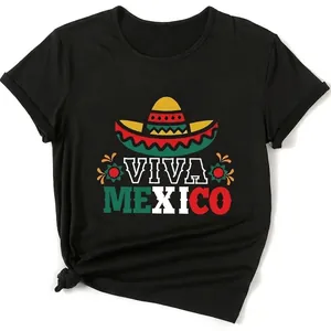 Women Viva Mexico Graphic Print T-Shirt Mexican Sombrero Round Neck Short Sleeve Top Casual Festive Independence Day Tee
