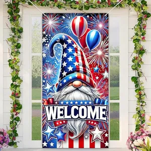 Patriotic gnome porch banner detail with fireworks and balloons decoration