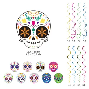 Detailed view of Mexico Day of the Dead sugar skull cutouts and colorful hanging swirls