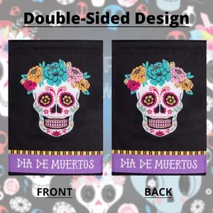 Double-sided Day of the Dead garden flag with colorful sugar skull design