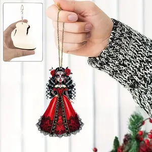 Detailansicht der 0,3 cm Dicke eines flachen 2D-Holzornaments der Catrina zum Tag der Toten