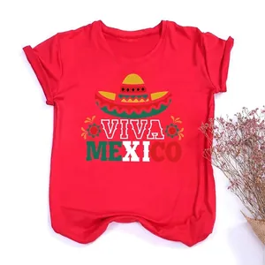 Red women's casual crew neck t-shirt featuring a festive Viva Mexico graphic print