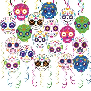 Detailed view of colorful Day of the Dead sugar skull hanging swirl decorations for party