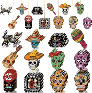 Day of the Dead wooden hanging ornaments set with colorful sugar skulls for party decor