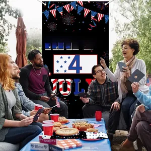 Detailed outdoor scene of Happy 4th of July decorative banner at a festive party