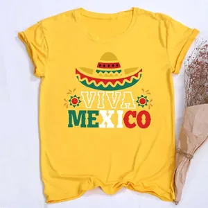 Casual bright yellow women's crew neck t-shirt with Viva Mexico graphic and sombrero