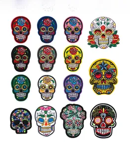 Assorted colorful Day of the Dead sugar skull embroidered patches with floral details