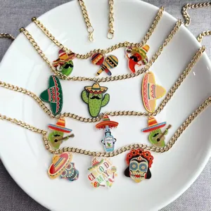 Collier Mexicain Cinco De Mayo Fiesta Pendentifs en Acrylique Chaîne Dorée Piment Pinata Sombrero Tequila Bouteille Maracas Festival Fête Femme Bijoux