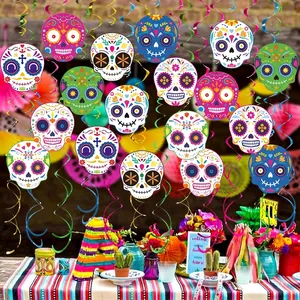 Colorful Day of the Dead sugar skull spiral hanging decorations for Mexican themed parties