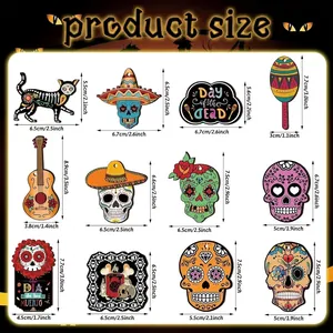 Detailed dimensions for various Day of the Dead wooden skull pendants and Mexican themed charms.