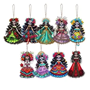 Bunte Holzhänger-Set für Tag der Toten Skelettpuppen, mexikanische Festdekoration.