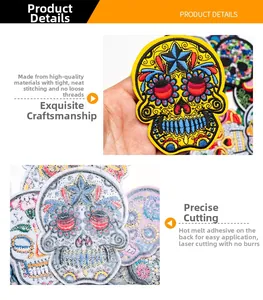 Detailed view of sugar skull embroidery patch with hot melt adhesive backing