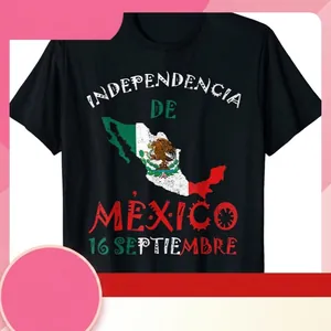 Camiseta de Chenille para Hombre Día de la Independencia de México Mapa Bandera Águila Cuello Redondo Bordado Manga Corta Negro