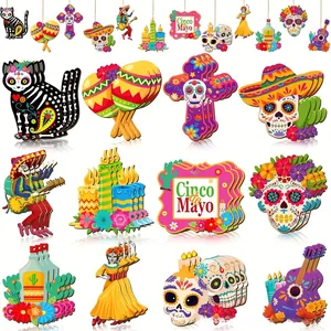 Detailed view of colorful Mexican Day of the Dead wooden hanging ornaments with skull motifs