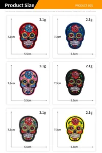 Detailed specifications for six colorful Day of the Dead skull embroidered patches