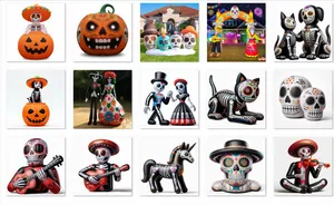 Vielfalt an aufblasbaren Dekorationen für Tag der Toten und Halloween mit bunten Totenkopf-Designs.