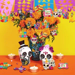 Day of the Dead wooden ornaments with skulls and cats for Cinco de Mayo party decor