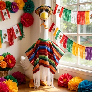 Festive Mexican carnival outfit set for 23-inch garden goose including poncho and straw hat