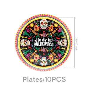 Decorative Day of the Dead paper plates 10pcs set, 7 inch diameter for themed party decor.