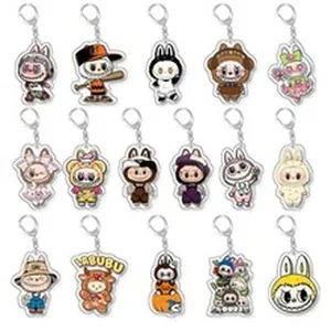 A collection of Labubu character acrylic keychains featuring various colorful outfits and poses