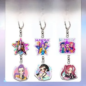 Detailed view of six acrylic keychains featuring stylish cartoon girl characters.