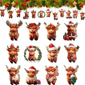 Set of Christmas highland cow wooden ornaments with Santa hats and festive decorations.