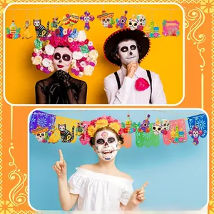 Mexican Day of the Dead wooden hanging ornaments for festive Halloween party decor.