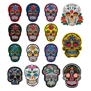 Mexican Day Of The Dead Sugar Skull Embroidery Patch Colorful Rayon Polyester Iron On Applique For Clothing DIY Decoration