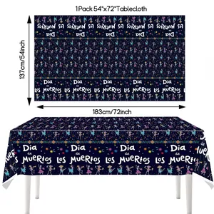 Detailed view of 54x72 inch Day of the Dead tablecloth with colorful skull patterns